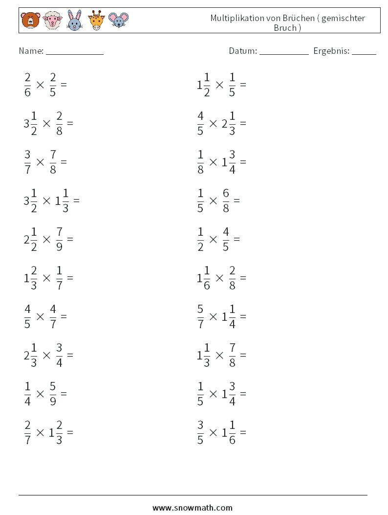 (20) Multiplikation von Brüchen ( gemischter Bruch ) Mathe-Arbeitsblätter 5