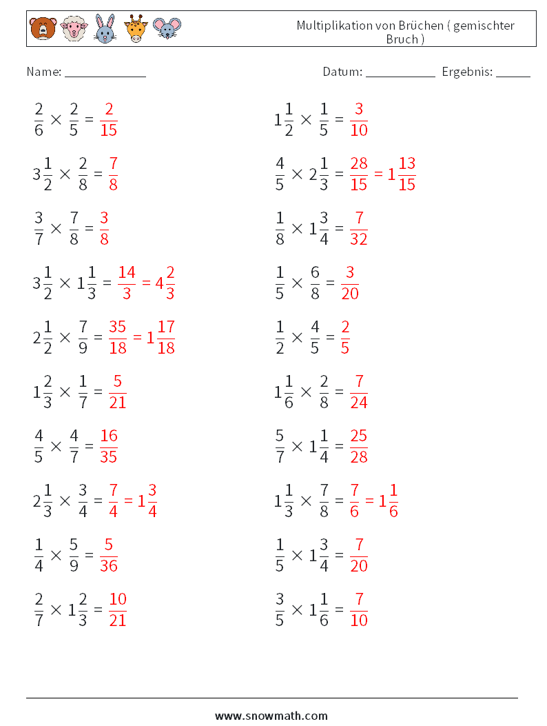 (20) Multiplikation von Brüchen ( gemischter Bruch ) Mathe-Arbeitsblätter 5 Frage, Antwort