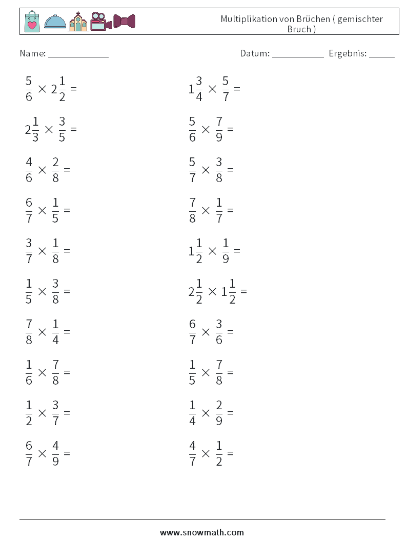 (20) Multiplikation von Brüchen ( gemischter Bruch ) Mathe-Arbeitsblätter 6