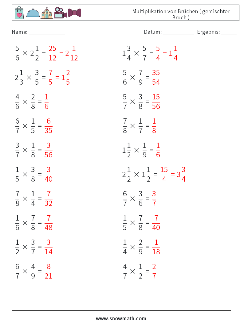 (20) Multiplikation von Brüchen ( gemischter Bruch ) Mathe-Arbeitsblätter 6 Frage, Antwort