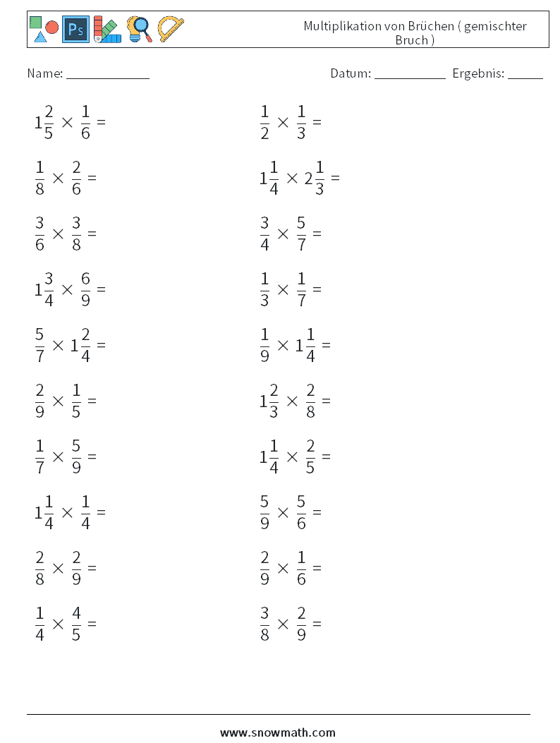 (20) Multiplikation von Brüchen ( gemischter Bruch ) Mathe-Arbeitsblätter 7