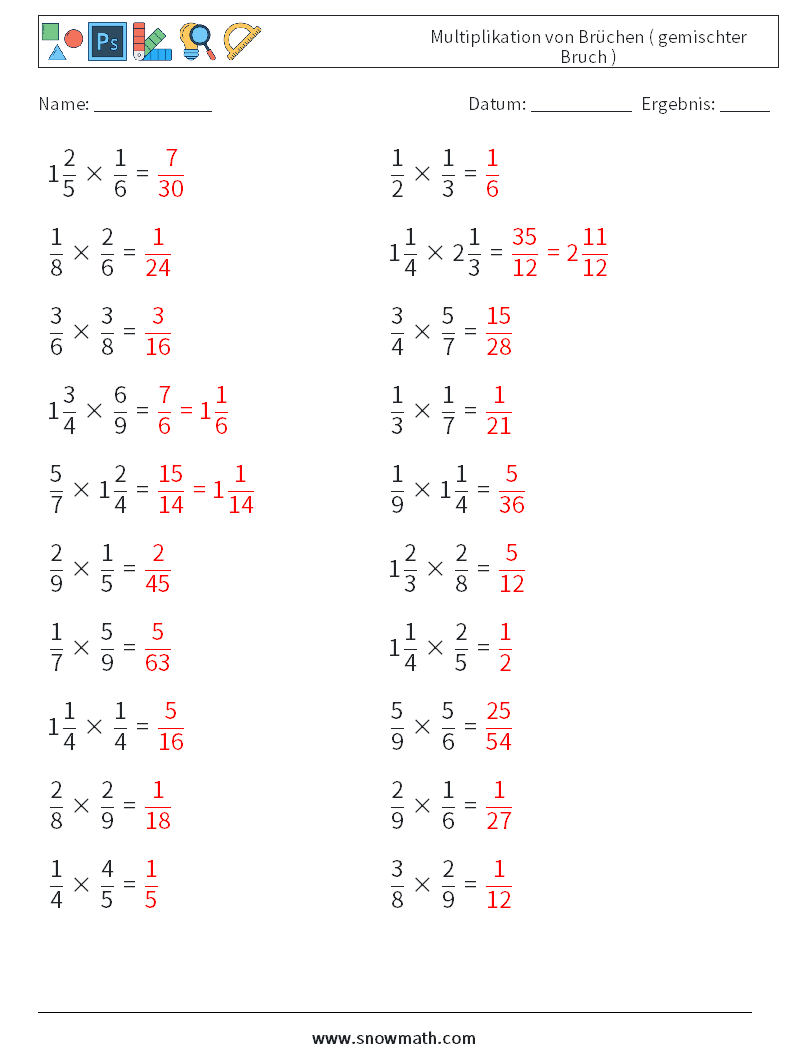 (20) Multiplikation von Brüchen ( gemischter Bruch ) Mathe-Arbeitsblätter 7 Frage, Antwort