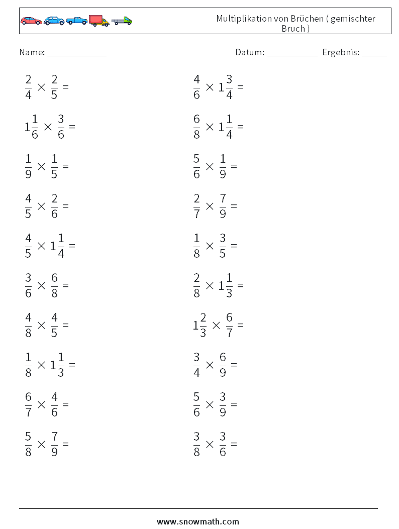 (20) Multiplikation von Brüchen ( gemischter Bruch ) Mathe-Arbeitsblätter 8