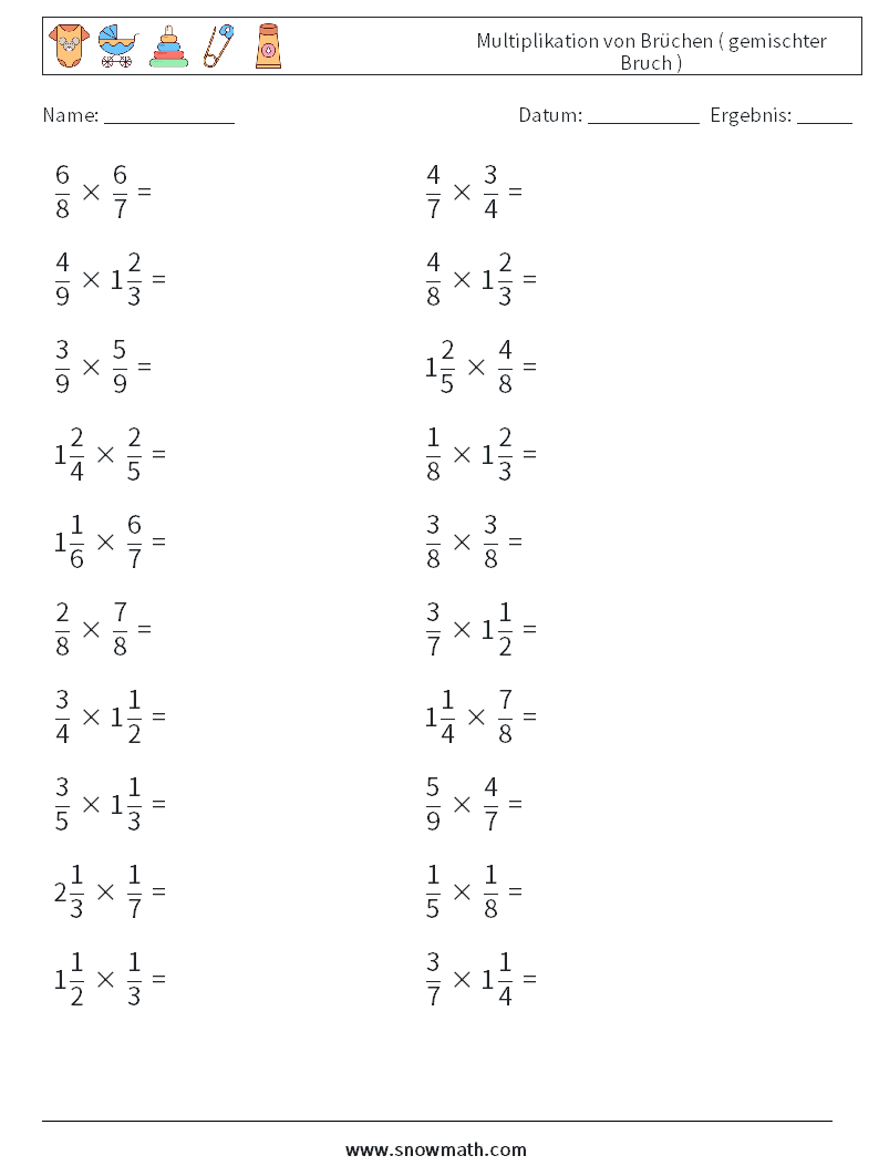 (20) Multiplikation von Brüchen ( gemischter Bruch ) Mathe-Arbeitsblätter 9