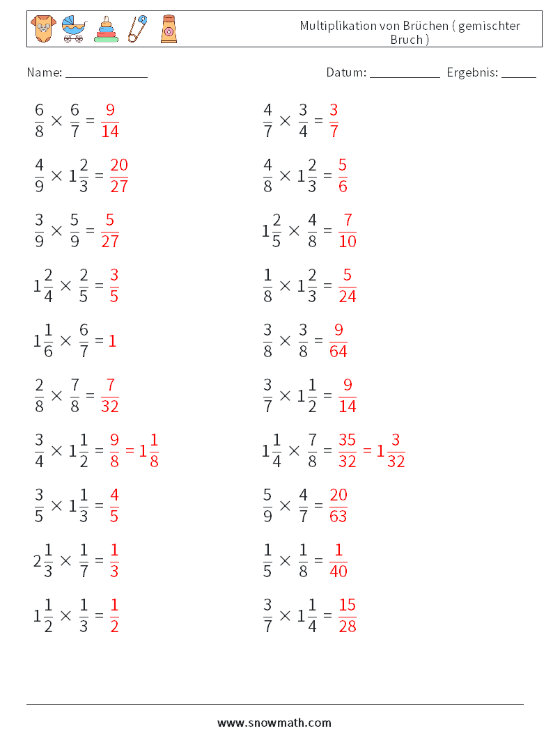 (20) Multiplikation von Brüchen ( gemischter Bruch ) Mathe-Arbeitsblätter 9 Frage, Antwort
