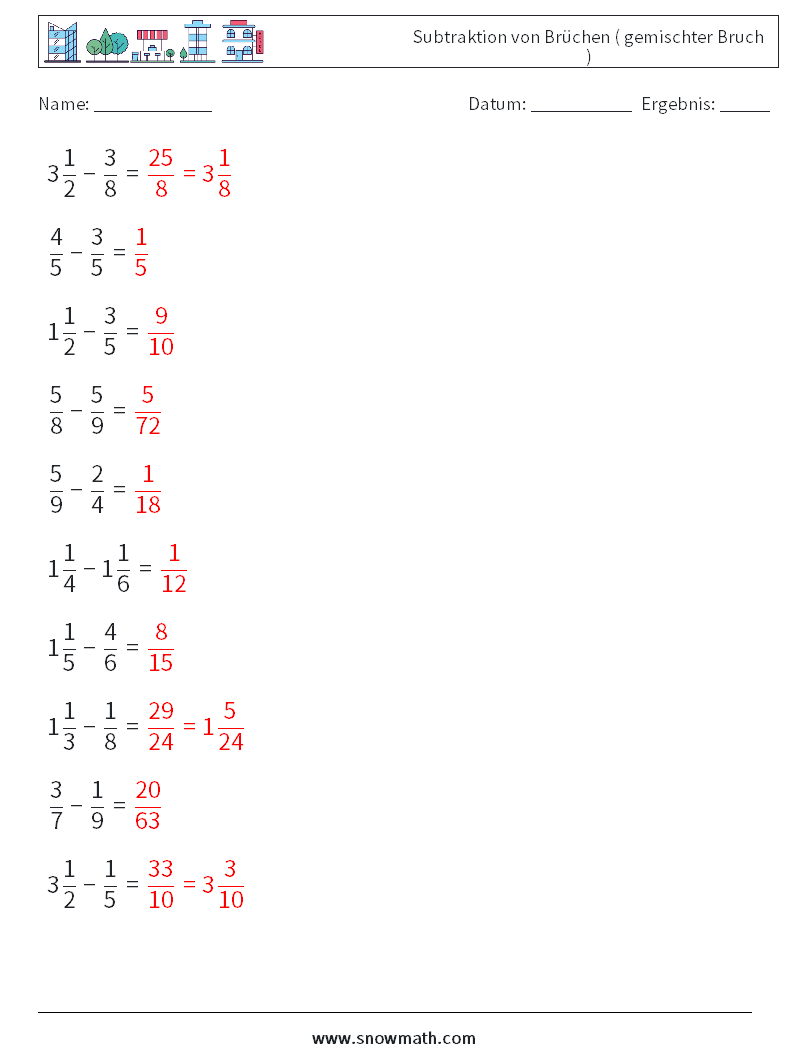 (10) Subtraktion von Brüchen ( gemischter Bruch ) Mathe-Arbeitsblätter 10 Frage, Antwort