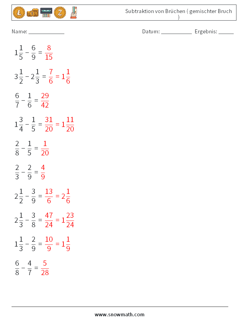 (10) Subtraktion von Brüchen ( gemischter Bruch ) Mathe-Arbeitsblätter 11 Frage, Antwort