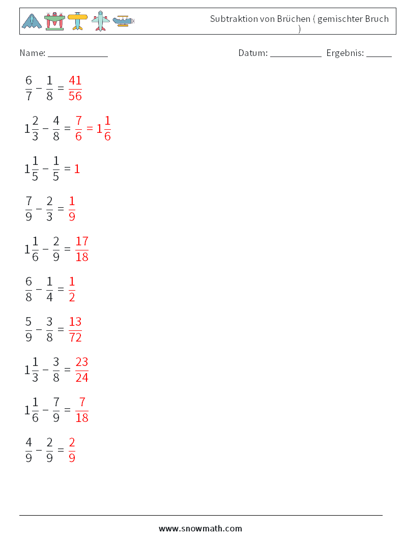 (10) Subtraktion von Brüchen ( gemischter Bruch ) Mathe-Arbeitsblätter 15 Frage, Antwort