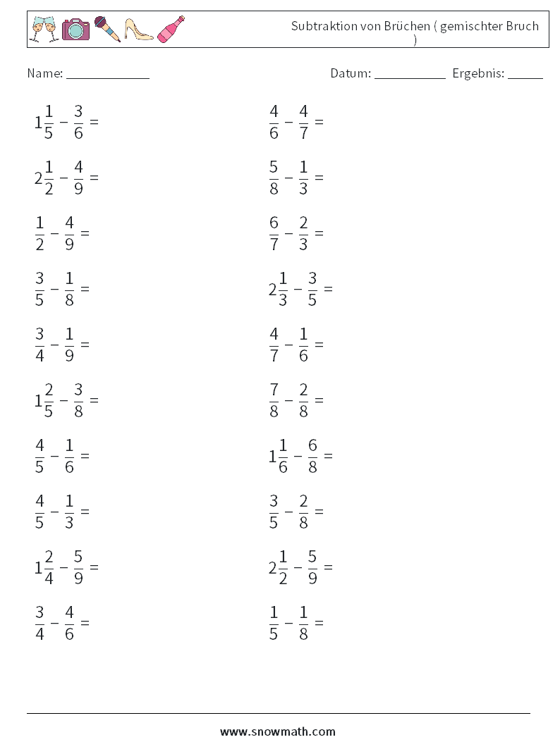 (20) Subtraktion von Brüchen ( gemischter Bruch ) Mathe-Arbeitsblätter 2