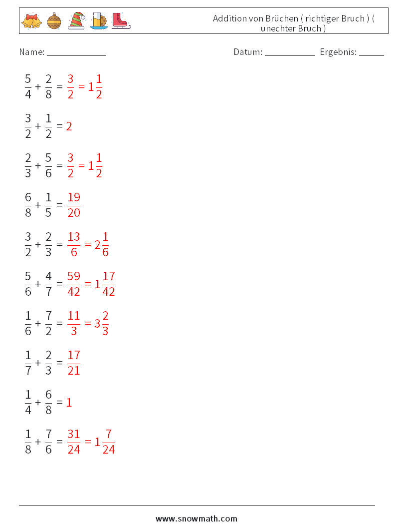 (10) Addition von Brüchen ( richtiger Bruch ) ( unechter Bruch ) Mathe-Arbeitsblätter 11 Frage, Antwort