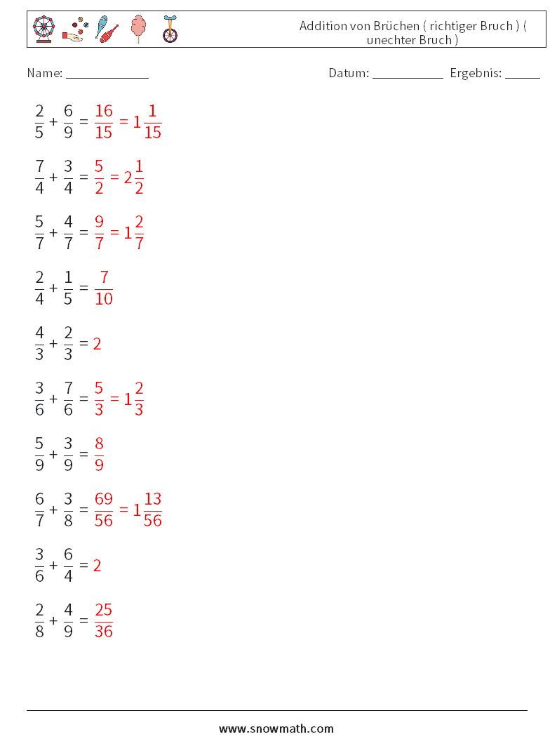 (10) Addition von Brüchen ( richtiger Bruch ) ( unechter Bruch ) Mathe-Arbeitsblätter 12 Frage, Antwort