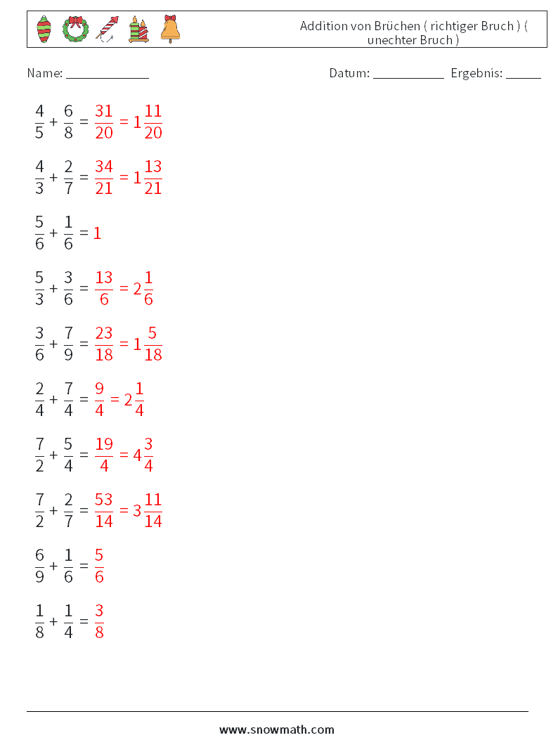 (10) Addition von Brüchen ( richtiger Bruch ) ( unechter Bruch ) Mathe-Arbeitsblätter 13 Frage, Antwort