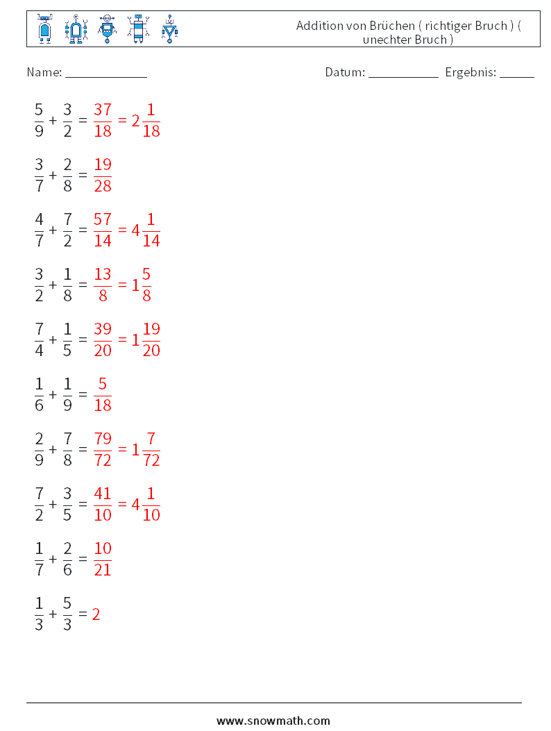 (10) Addition von Brüchen ( richtiger Bruch ) ( unechter Bruch ) Mathe-Arbeitsblätter 15 Frage, Antwort