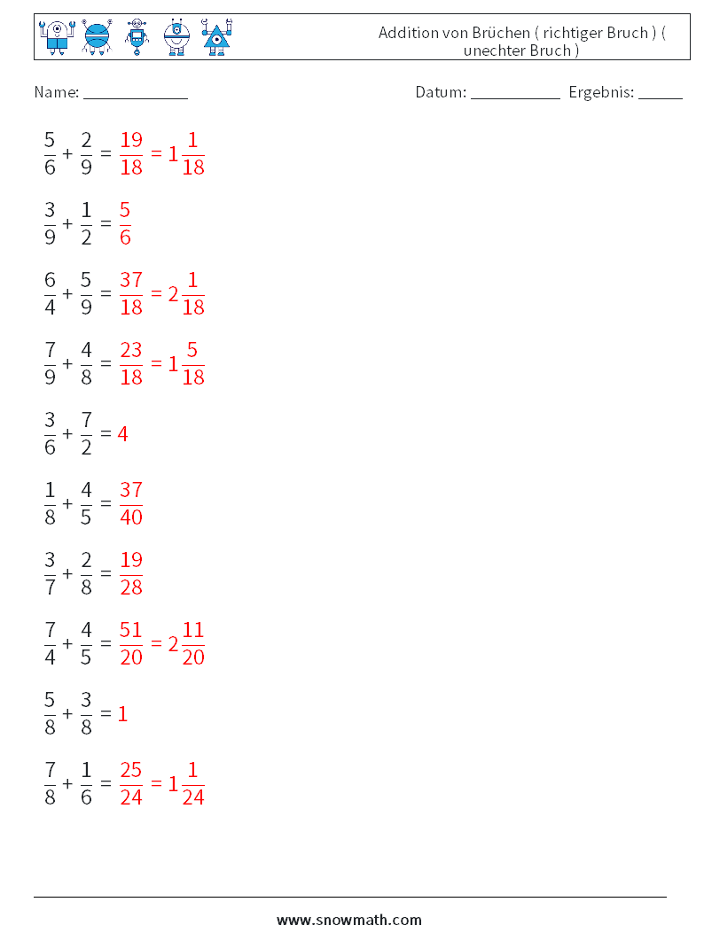 (10) Addition von Brüchen ( richtiger Bruch ) ( unechter Bruch ) Mathe-Arbeitsblätter 16 Frage, Antwort