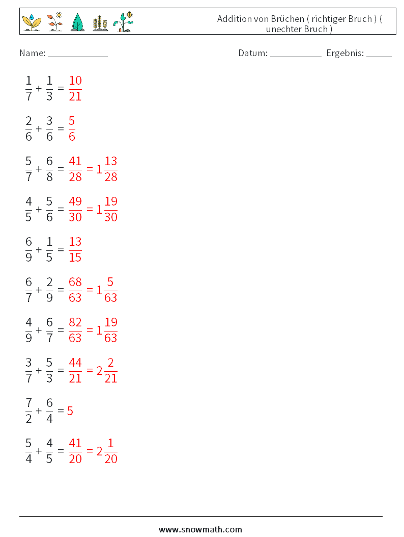 (10) Addition von Brüchen ( richtiger Bruch ) ( unechter Bruch ) Mathe-Arbeitsblätter 17 Frage, Antwort