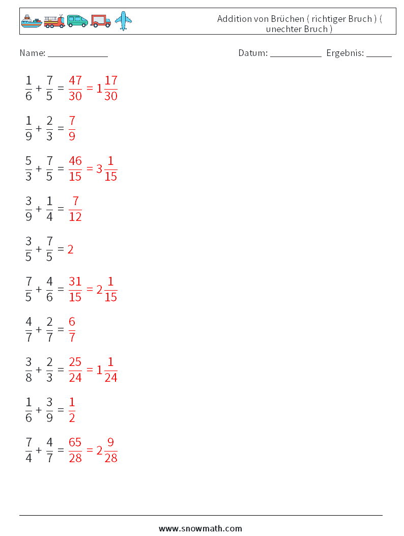 (10) Addition von Brüchen ( richtiger Bruch ) ( unechter Bruch ) Mathe-Arbeitsblätter 18 Frage, Antwort