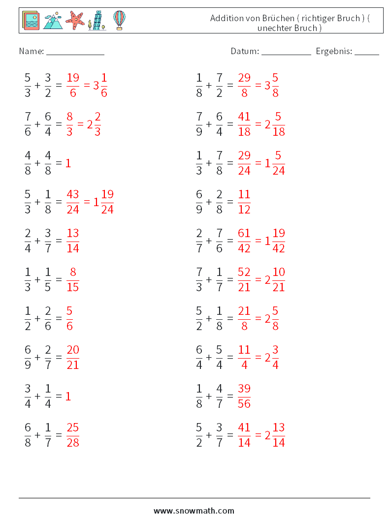 (20) Addition von Brüchen ( richtiger Bruch ) ( unechter Bruch ) Mathe-Arbeitsblätter 10 Frage, Antwort