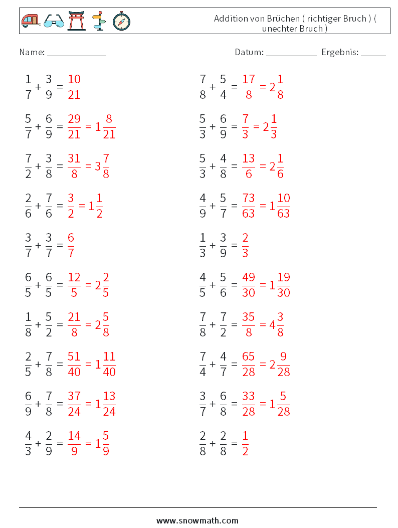 (20) Addition von Brüchen ( richtiger Bruch ) ( unechter Bruch ) Mathe-Arbeitsblätter 11 Frage, Antwort