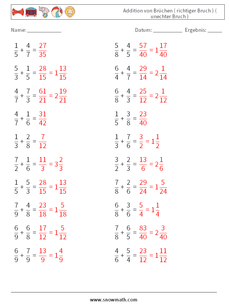 (20) Addition von Brüchen ( richtiger Bruch ) ( unechter Bruch ) Mathe-Arbeitsblätter 12 Frage, Antwort