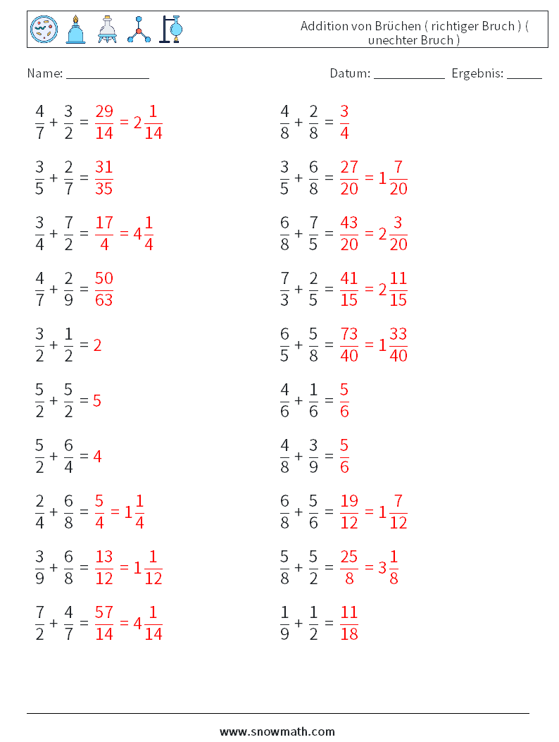 (20) Addition von Brüchen ( richtiger Bruch ) ( unechter Bruch ) Mathe-Arbeitsblätter 14 Frage, Antwort