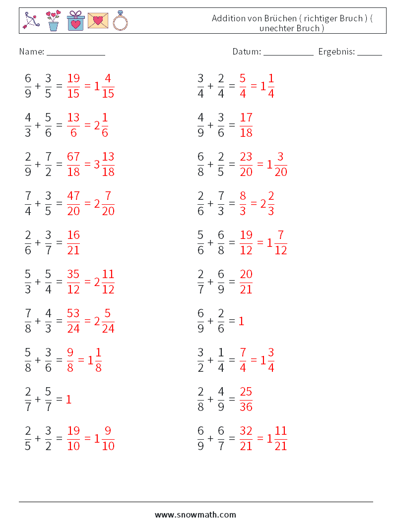 (20) Addition von Brüchen ( richtiger Bruch ) ( unechter Bruch ) Mathe-Arbeitsblätter 15 Frage, Antwort