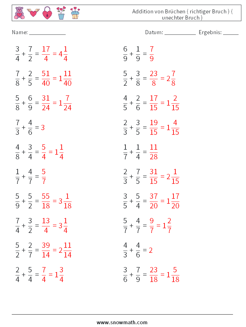 (20) Addition von Brüchen ( richtiger Bruch ) ( unechter Bruch ) Mathe-Arbeitsblätter 16 Frage, Antwort