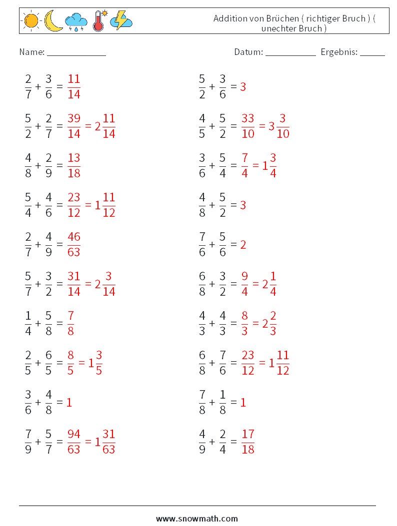 (20) Addition von Brüchen ( richtiger Bruch ) ( unechter Bruch ) Mathe-Arbeitsblätter 17 Frage, Antwort