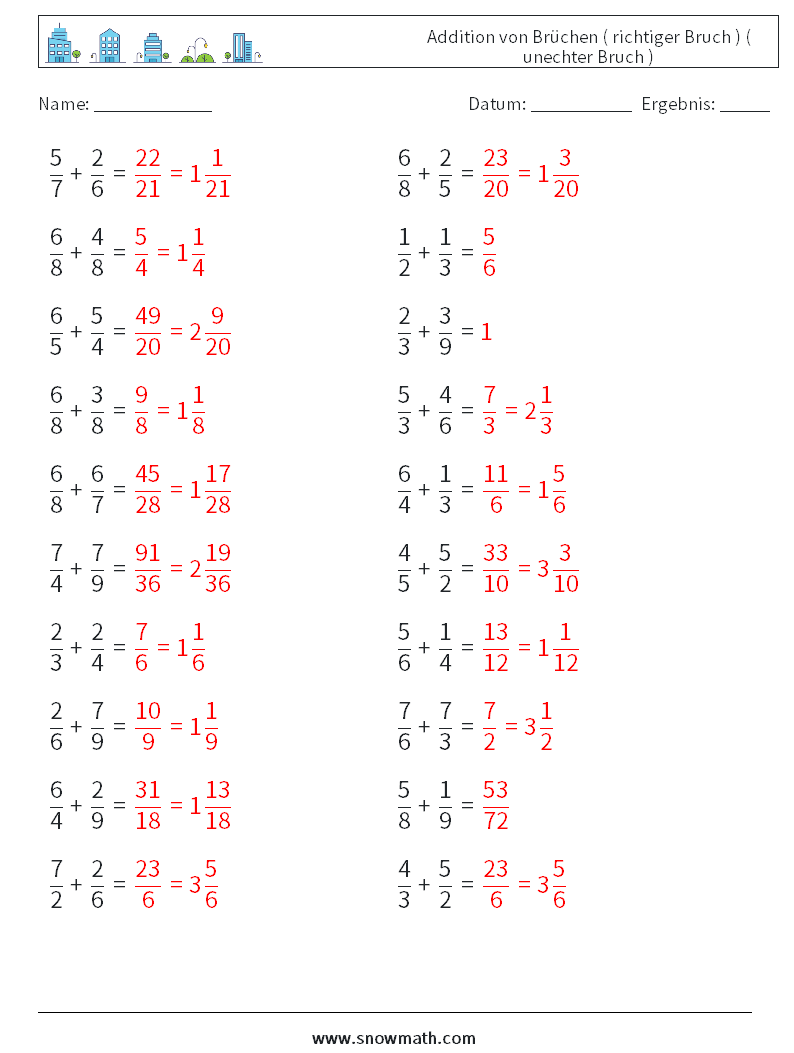 (20) Addition von Brüchen ( richtiger Bruch ) ( unechter Bruch ) Mathe-Arbeitsblätter 18 Frage, Antwort