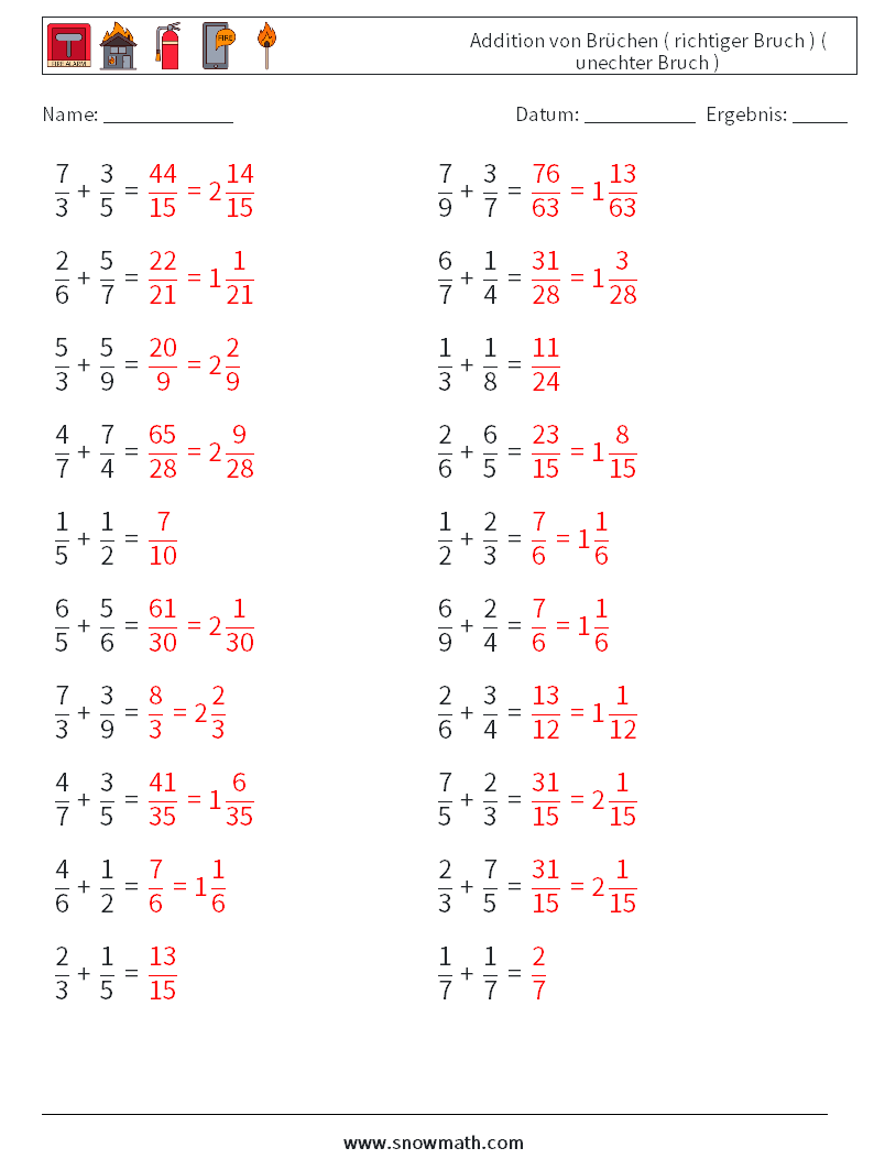 (20) Addition von Brüchen ( richtiger Bruch ) ( unechter Bruch ) Mathe-Arbeitsblätter 1 Frage, Antwort