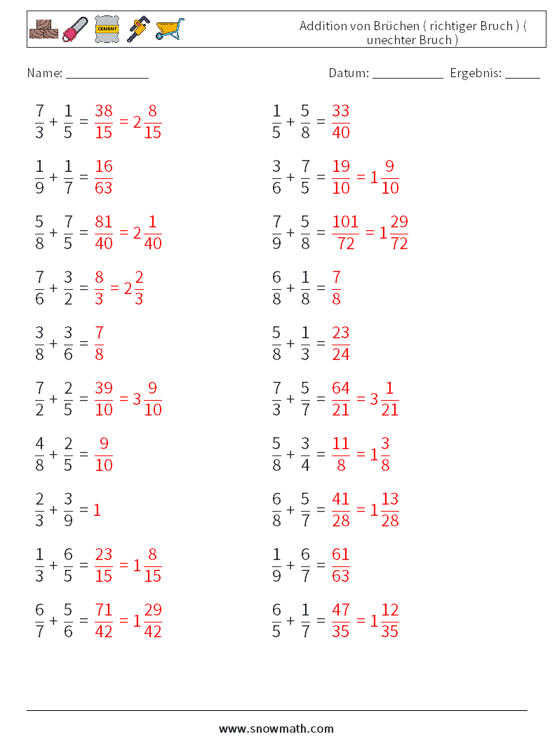 (20) Addition von Brüchen ( richtiger Bruch ) ( unechter Bruch ) Mathe-Arbeitsblätter 2 Frage, Antwort