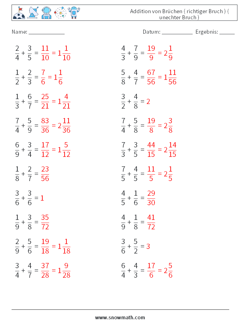 (20) Addition von Brüchen ( richtiger Bruch ) ( unechter Bruch ) Mathe-Arbeitsblätter 3 Frage, Antwort