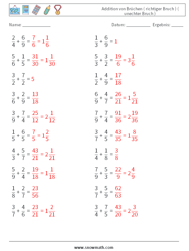 (20) Addition von Brüchen ( richtiger Bruch ) ( unechter Bruch ) Mathe-Arbeitsblätter 4 Frage, Antwort
