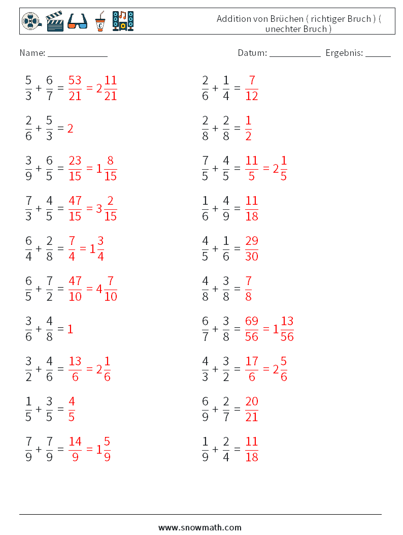 (20) Addition von Brüchen ( richtiger Bruch ) ( unechter Bruch ) Mathe-Arbeitsblätter 6 Frage, Antwort