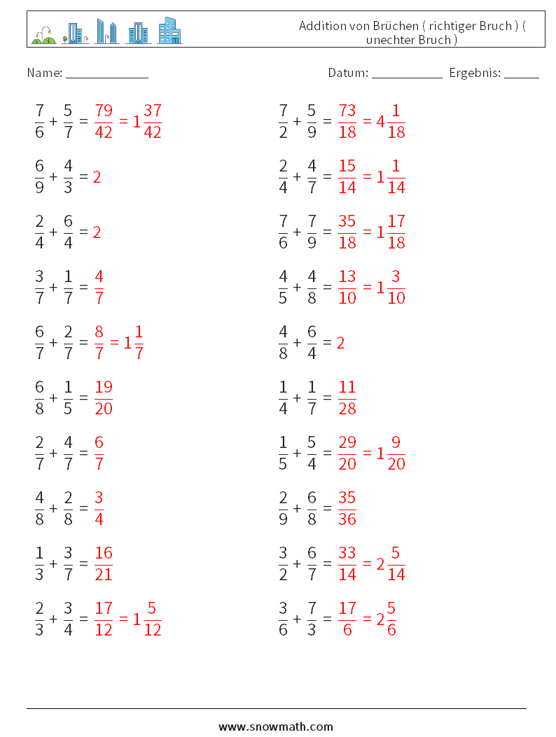 (20) Addition von Brüchen ( richtiger Bruch ) ( unechter Bruch ) Mathe-Arbeitsblätter 7 Frage, Antwort