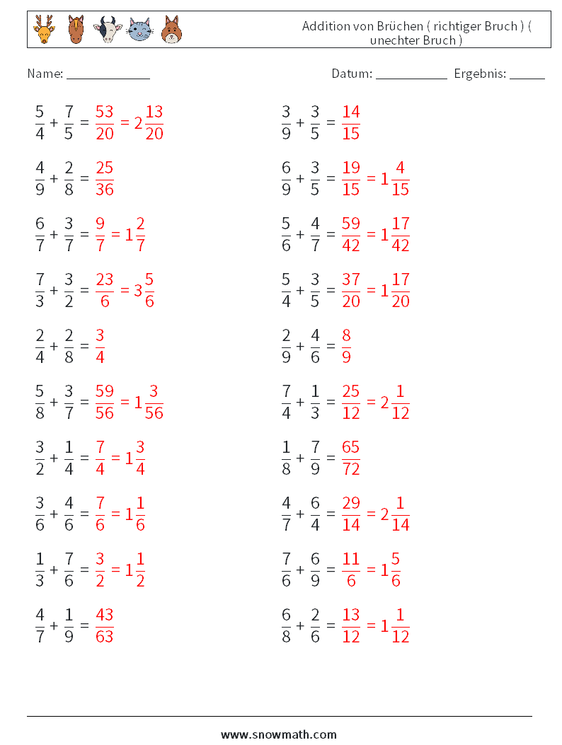 (20) Addition von Brüchen ( richtiger Bruch ) ( unechter Bruch ) Mathe-Arbeitsblätter 9 Frage, Antwort