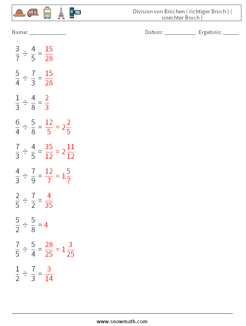 (10) Division von Brüchen ( richtiger Bruch ) ( unechter Bruch ) Mathe-Arbeitsblätter 11 Frage, Antwort