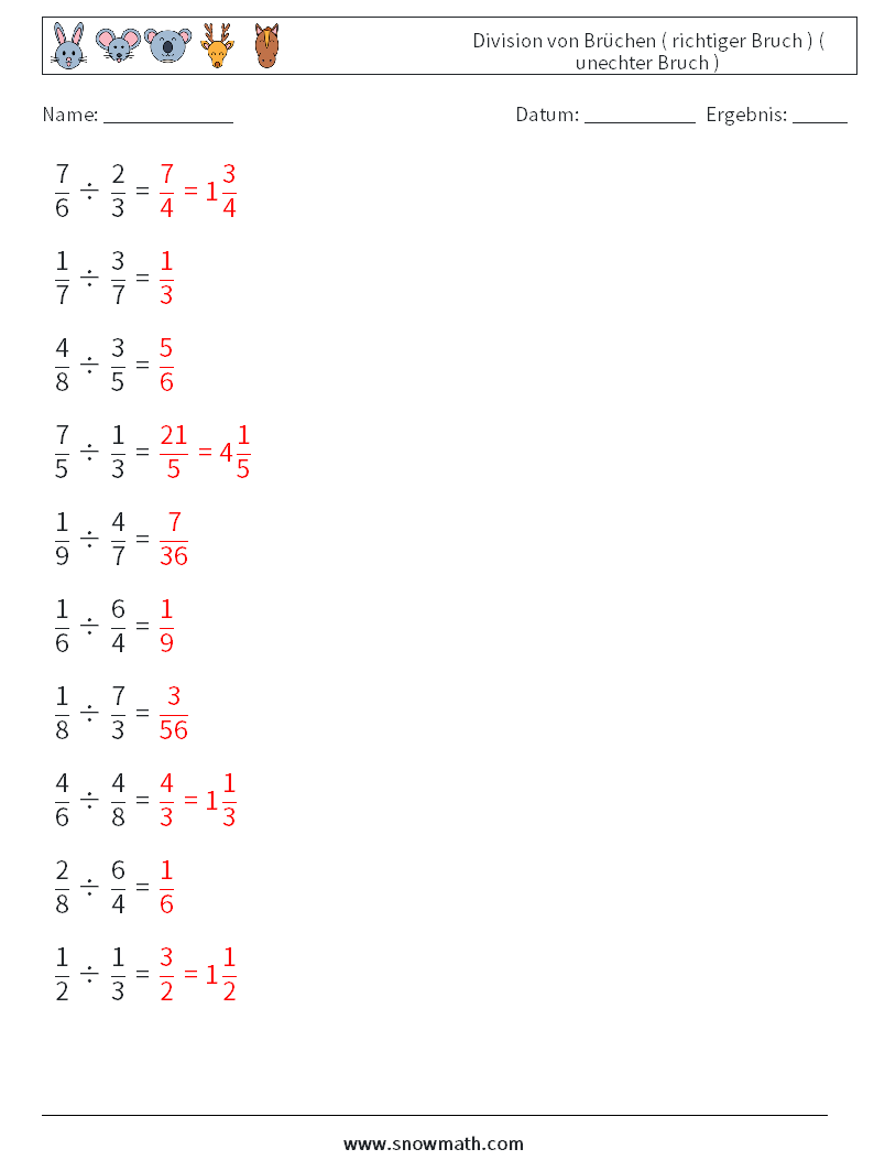 (10) Division von Brüchen ( richtiger Bruch ) ( unechter Bruch ) Mathe-Arbeitsblätter 12 Frage, Antwort