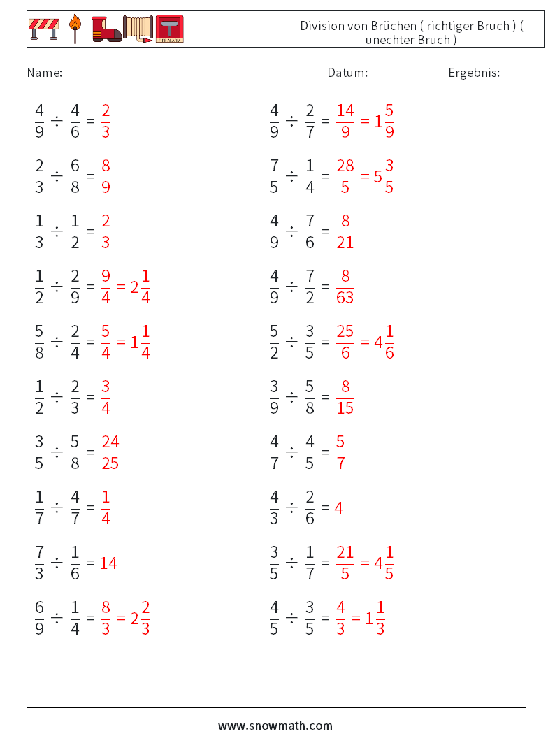 (20) Division von Brüchen ( richtiger Bruch ) ( unechter Bruch ) Mathe-Arbeitsblätter 13 Frage, Antwort