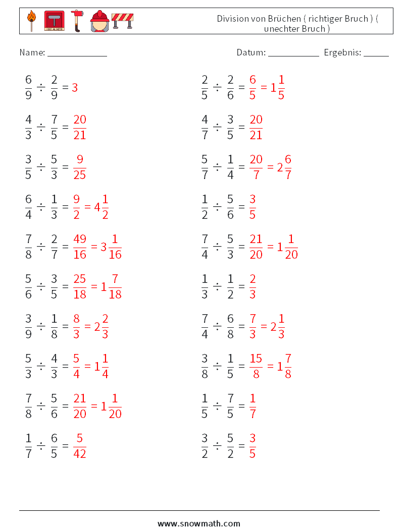 (20) Division von Brüchen ( richtiger Bruch ) ( unechter Bruch ) Mathe-Arbeitsblätter 2 Frage, Antwort