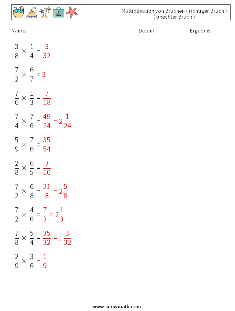 (10) Multiplikation von Brüchen ( richtiger Bruch ) ( unechter Bruch ) Mathe-Arbeitsblätter 10 Frage, Antwort