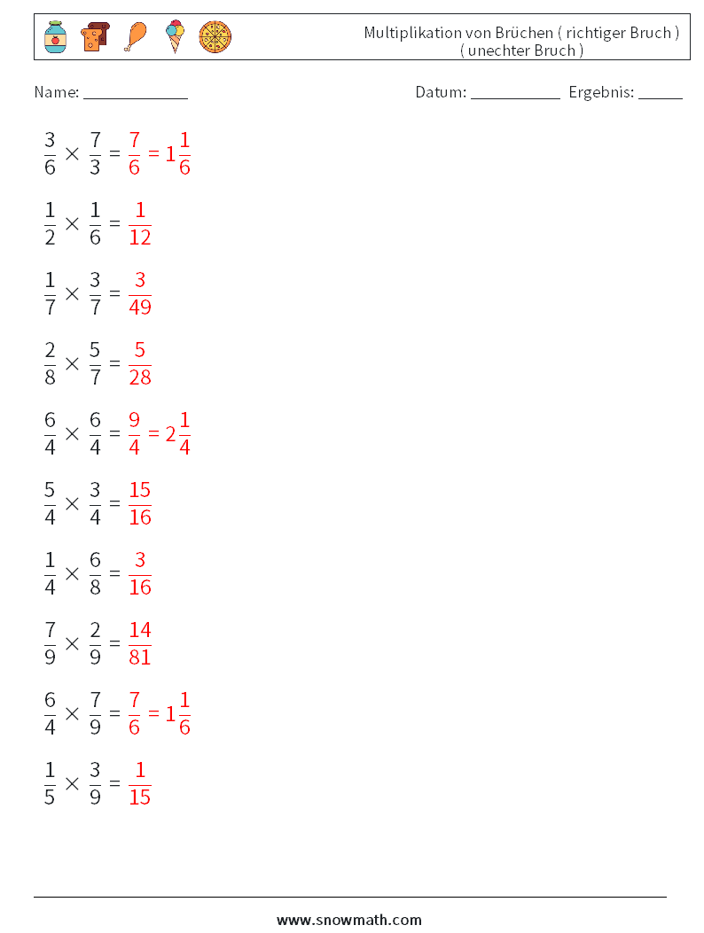 (10) Multiplikation von Brüchen ( richtiger Bruch ) ( unechter Bruch ) Mathe-Arbeitsblätter 11 Frage, Antwort