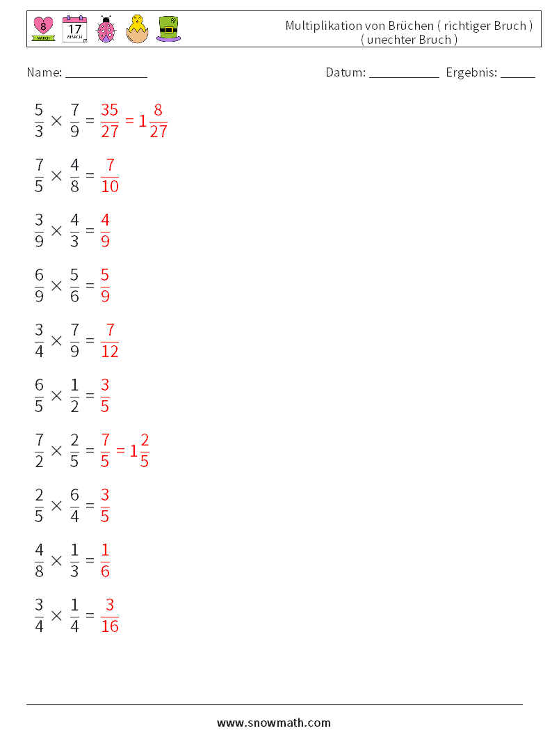 (10) Multiplikation von Brüchen ( richtiger Bruch ) ( unechter Bruch ) Mathe-Arbeitsblätter 13 Frage, Antwort