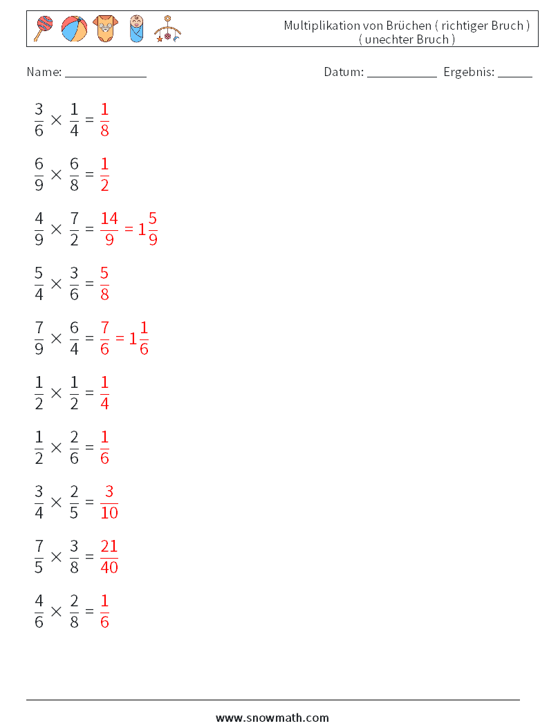 (10) Multiplikation von Brüchen ( richtiger Bruch ) ( unechter Bruch ) Mathe-Arbeitsblätter 16 Frage, Antwort