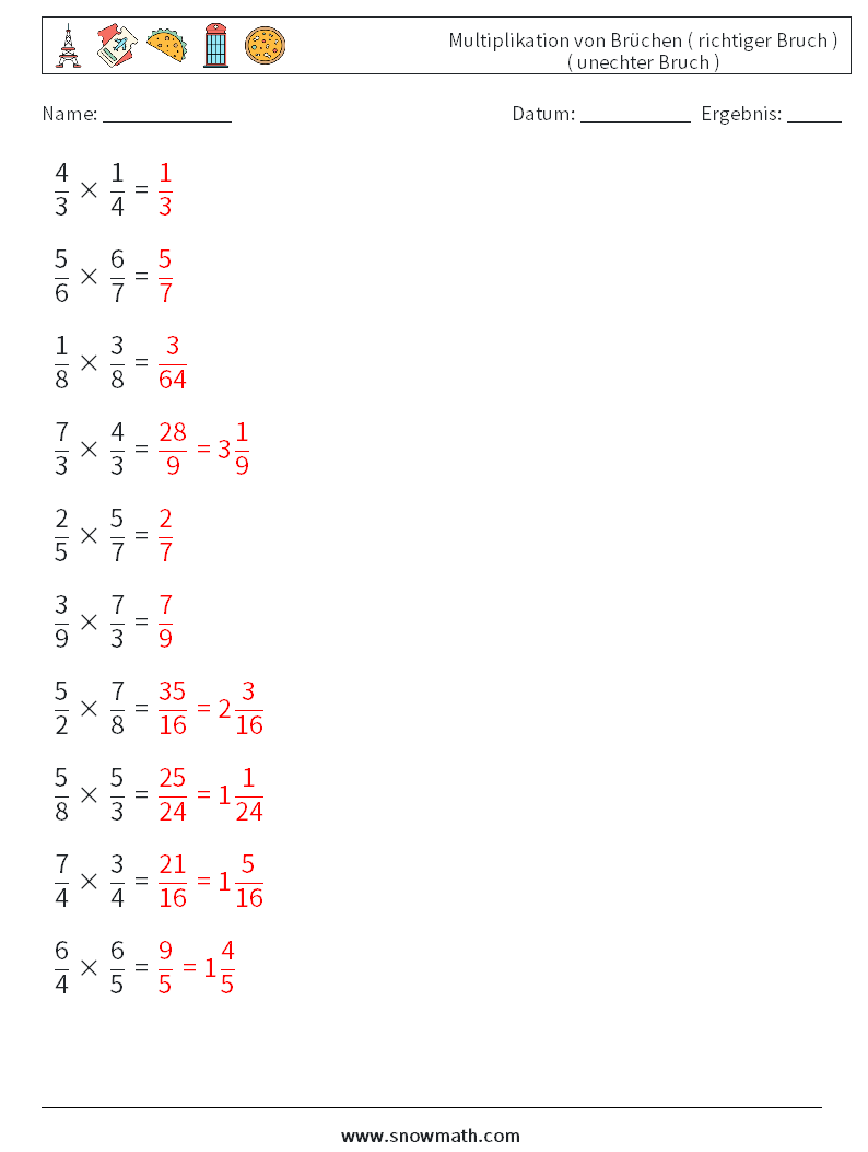 (10) Multiplikation von Brüchen ( richtiger Bruch ) ( unechter Bruch ) Mathe-Arbeitsblätter 18 Frage, Antwort