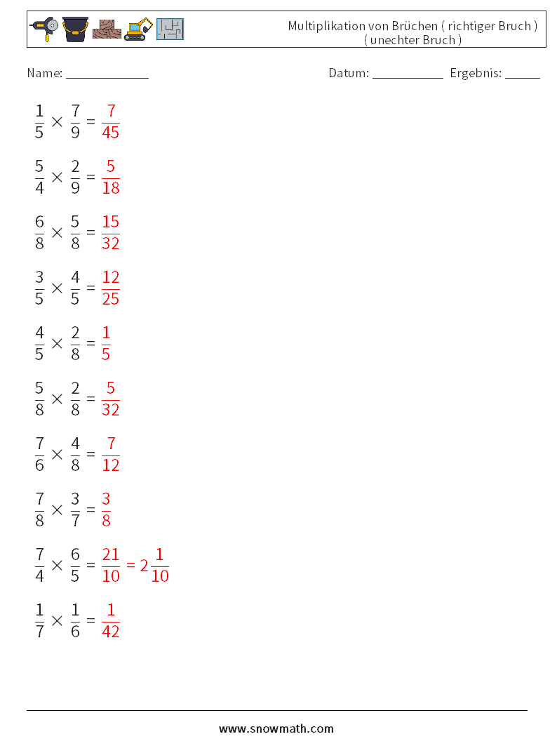 (10) Multiplikation von Brüchen ( richtiger Bruch ) ( unechter Bruch ) Mathe-Arbeitsblätter 3 Frage, Antwort