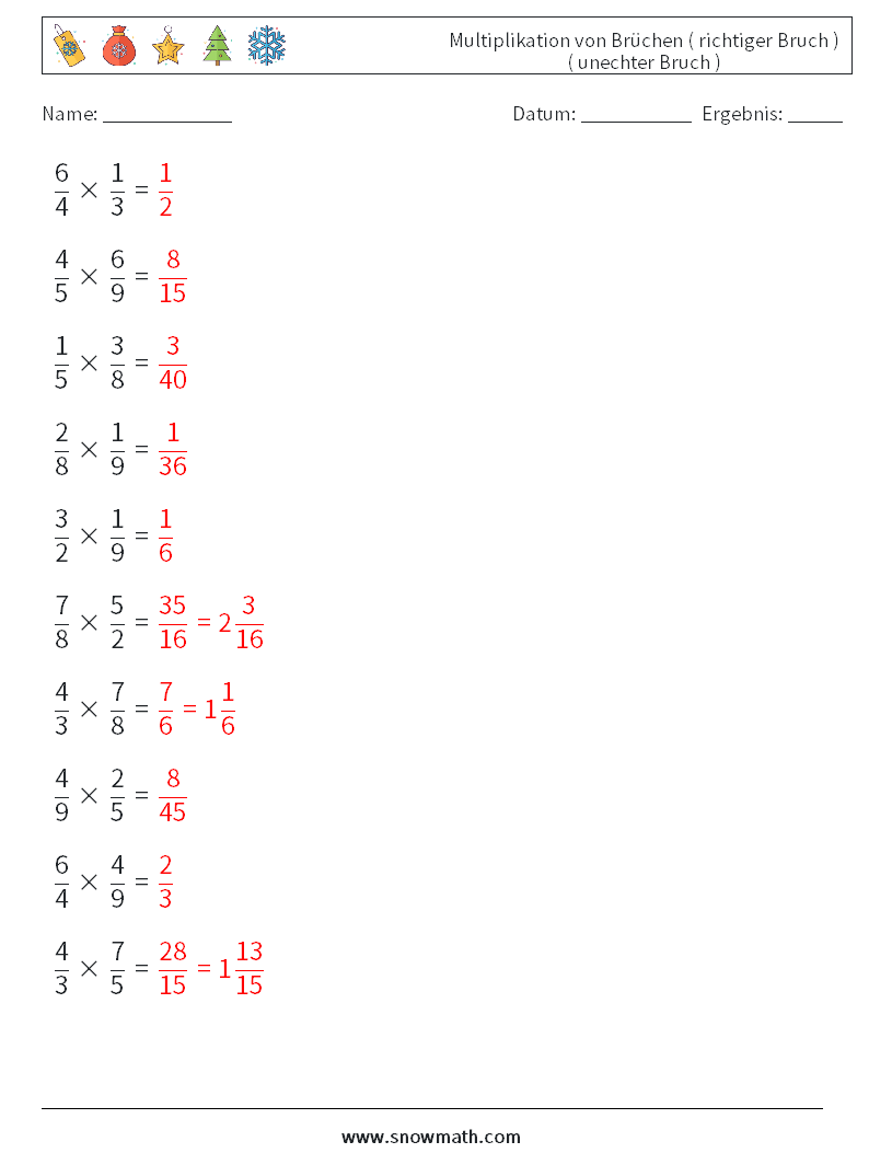 (10) Multiplikation von Brüchen ( richtiger Bruch ) ( unechter Bruch ) Mathe-Arbeitsblätter 5 Frage, Antwort