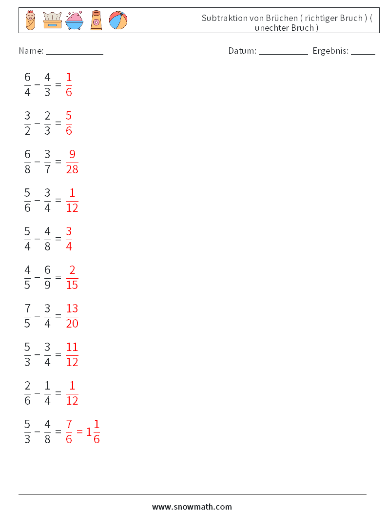 (10) Subtraktion von Brüchen ( richtiger Bruch ) ( unechter Bruch ) Mathe-Arbeitsblätter 14 Frage, Antwort