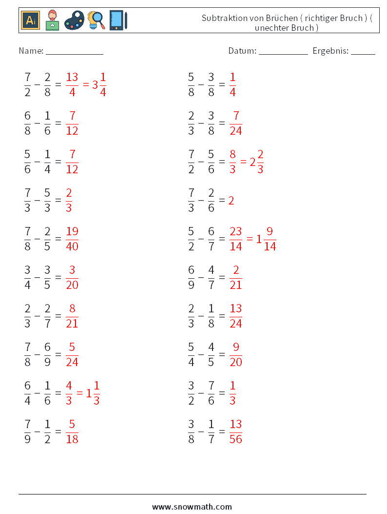 (20) Subtraktion von Brüchen ( richtiger Bruch ) ( unechter Bruch ) Mathe-Arbeitsblätter 10 Frage, Antwort