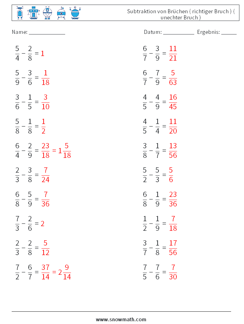 (20) Subtraktion von Brüchen ( richtiger Bruch ) ( unechter Bruch ) Mathe-Arbeitsblätter 11 Frage, Antwort