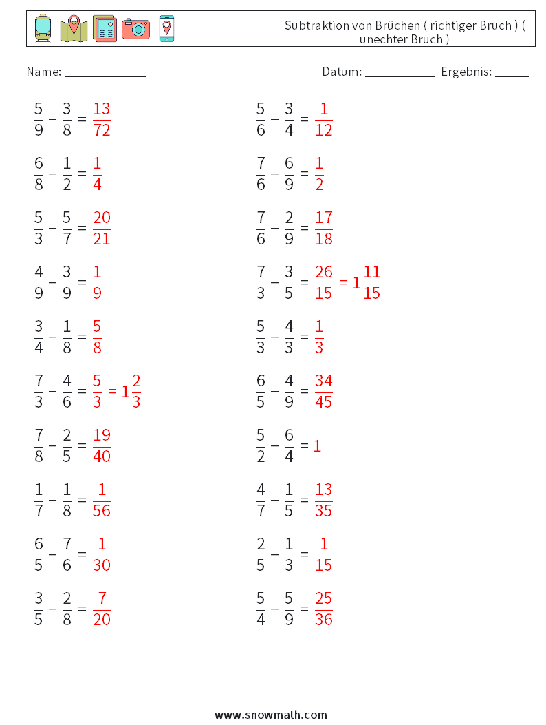 (20) Subtraktion von Brüchen ( richtiger Bruch ) ( unechter Bruch ) Mathe-Arbeitsblätter 14 Frage, Antwort